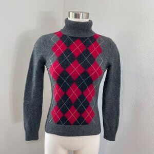 Apt 9 Womens‎ Small 100% Cashmere Argyle Turtleneck Sweater Gray Red Knit